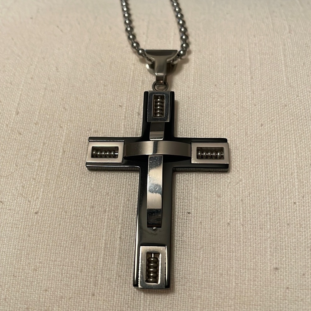 Cross with beaded necklace. Black with stainless steel